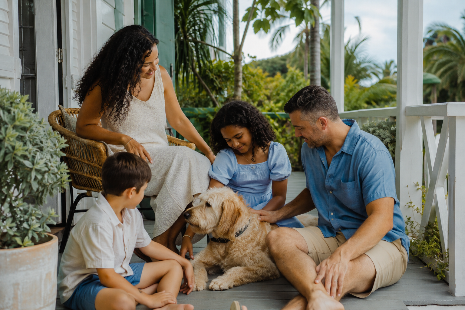 A relaxed family dog resting on a coastal porch