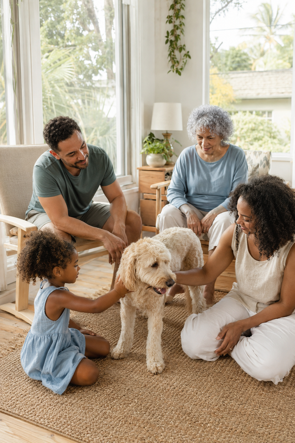 A family relaxing together with their dog in a bright coastal home