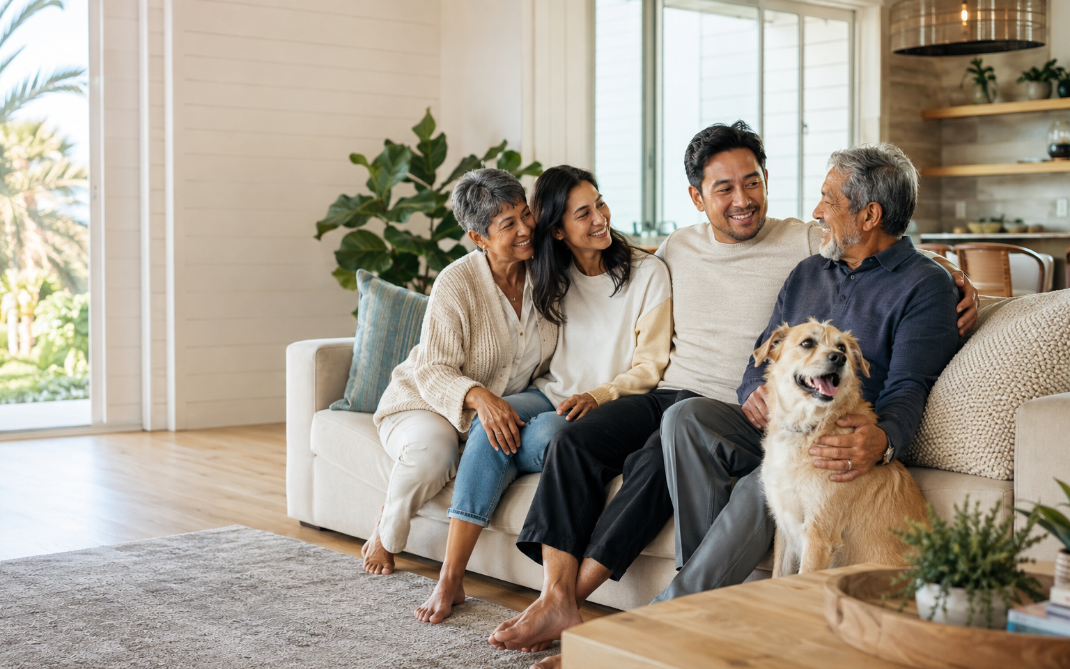 A family connecting with their dog at home